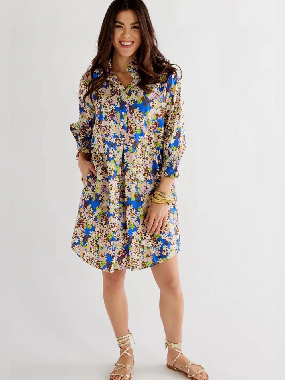 Caryn Lawn Kimberly Dress Blue Floral Ruffle Collar Shirtdress One Size